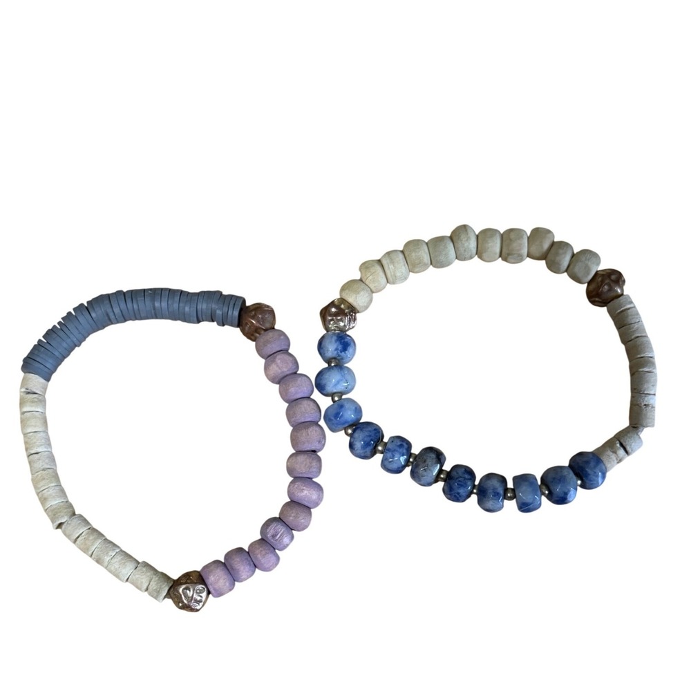 Set of 2‎ Boho Beaded Stretch Bracelets Skull Accents Wood Stone Blue Purple